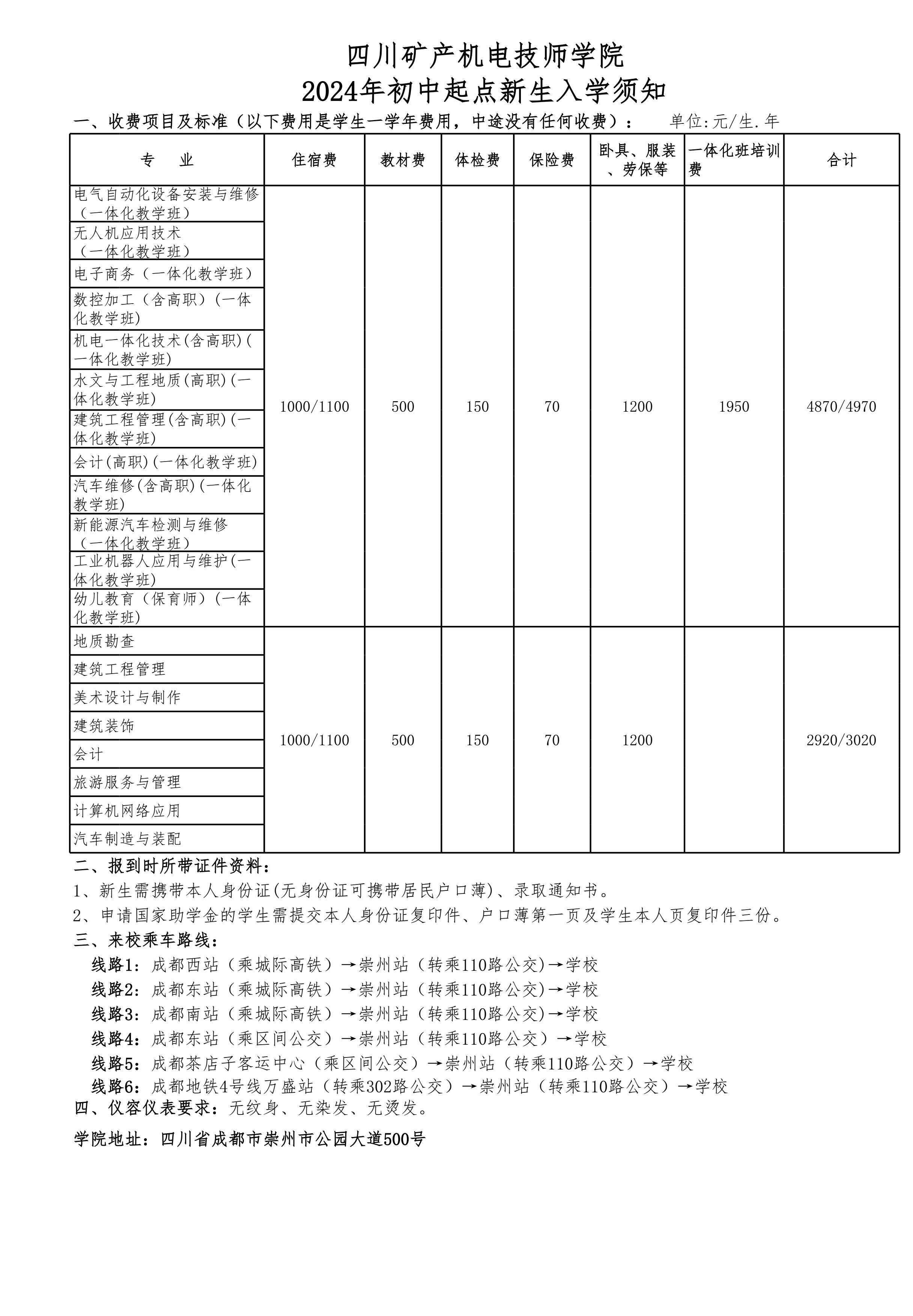 四川矿产机电技师学院2024年初中起点新生入学须知
